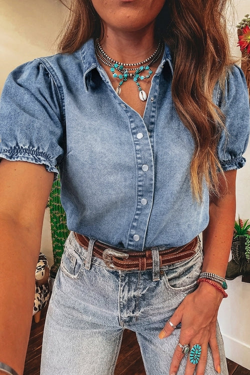 Denim Frilled Short Sleeve Snap Button Shirt